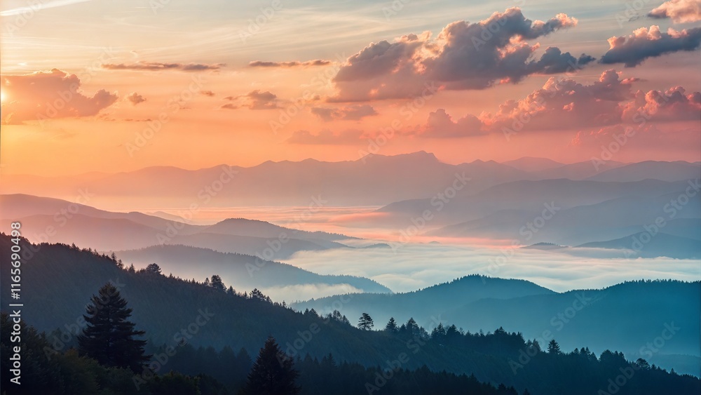 Stunning mountain landscape at sunset with colorful sky and rolling hills Stunning mountain landscape at sunset with colorful sky and rolling hills