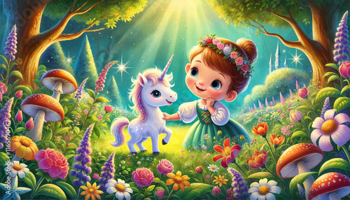 A charming animated depiction of a child petting a unicorn in a magical meadow surrounded by radiant sunlight, vibrant flowers, and lush greenery, creating a serene fairytale moment.