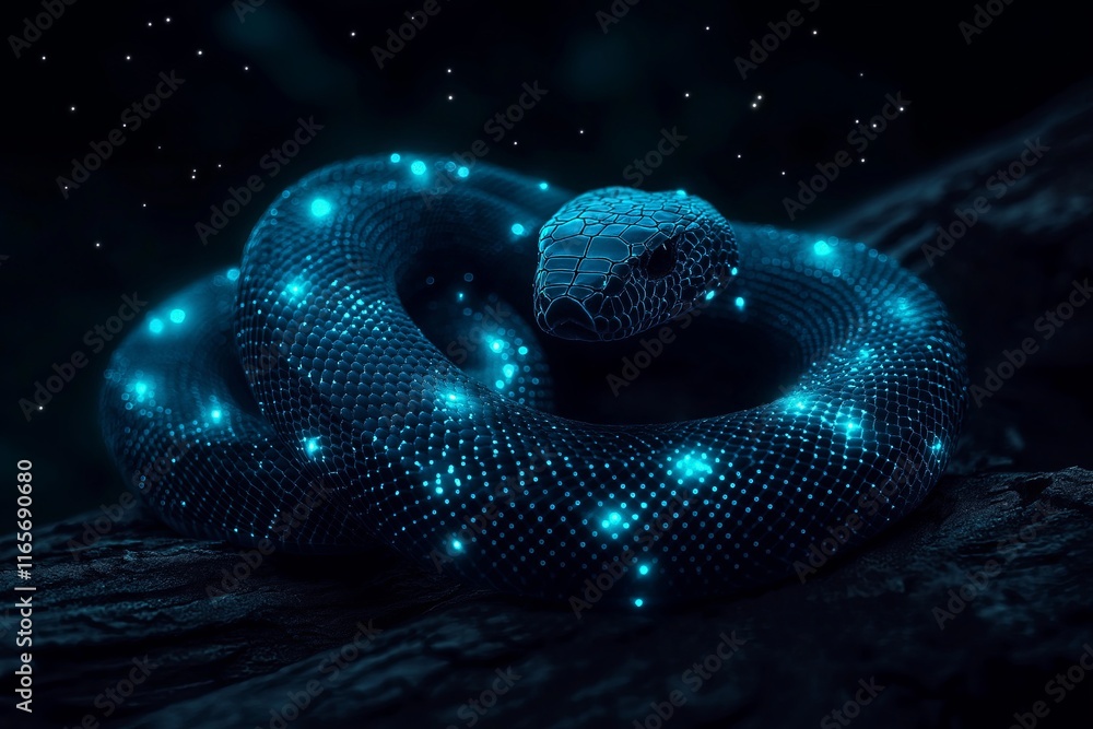 Obraz premium A snake whose scales are made of tiny, moving constellations