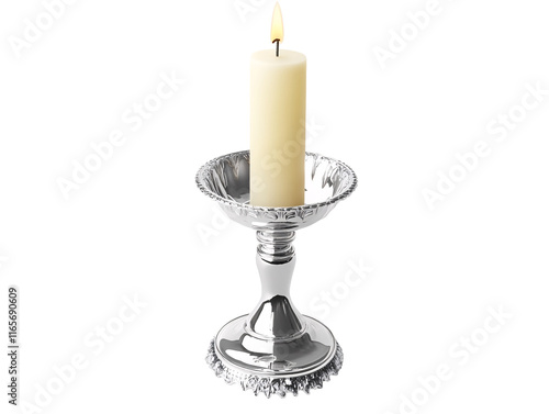 Isolated Silver Candlestick with Lit Candle photo