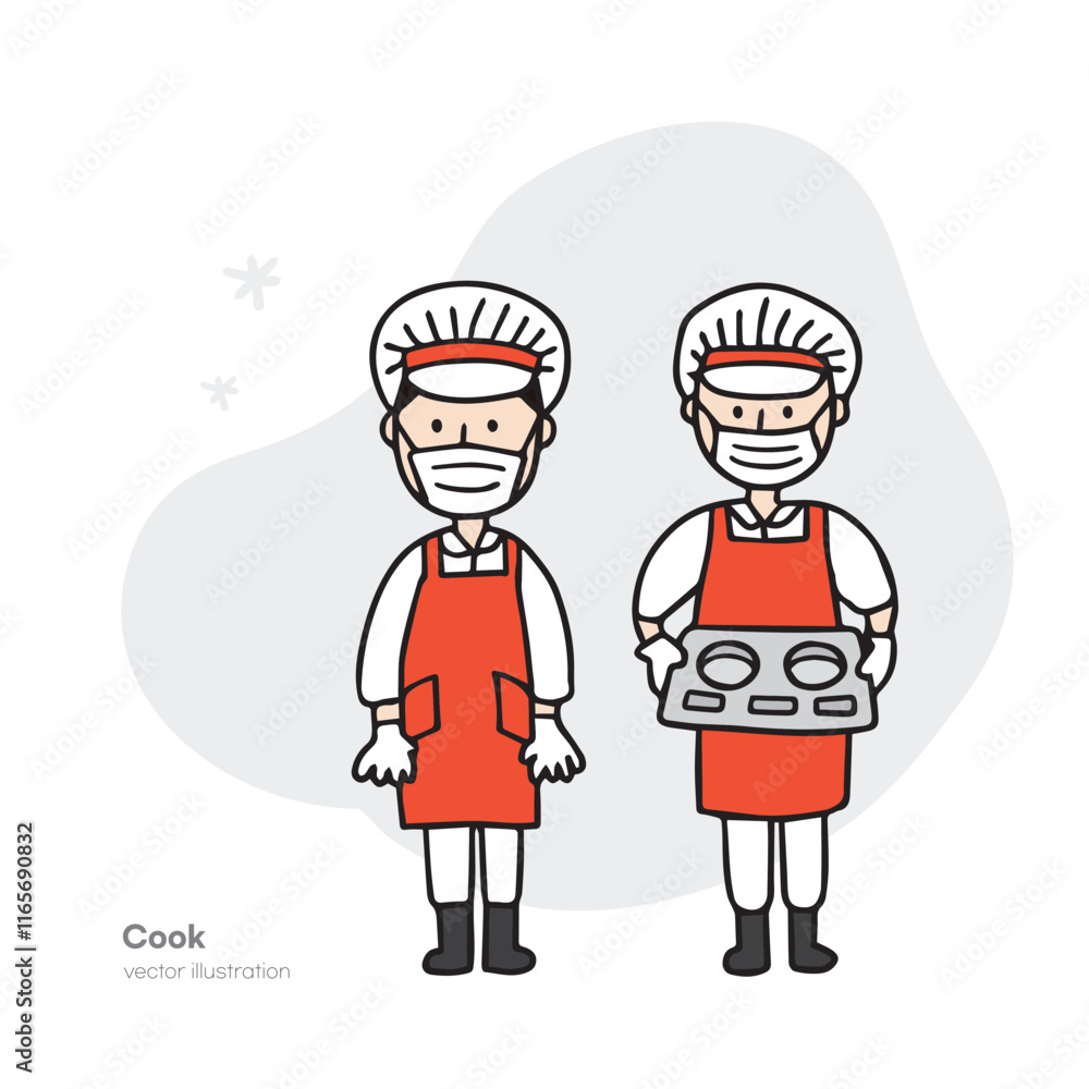 Chef illustration wearing a red apron and uniform and holding a plate. Hand-drawn illustration elements. Chef illustration wearing a red apron and uniform and holding a plate. Hand-drawn illustration elements.