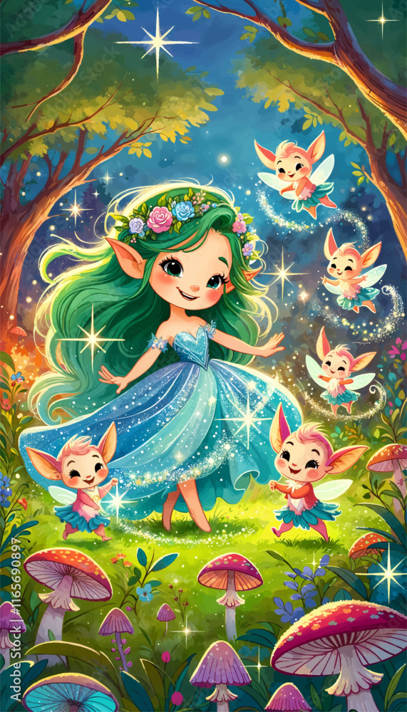 A glowing scene of an elf girl in a sparkling dress surrounded by cheerful fairies, vibrant flowers, and magical mushrooms under a starlit night in an enchanted forest. A glowing scene of an elf girl in a sparkling dress surrounded by cheerful fairies, vibrant flowers, and magical mushrooms under a starlit night in an enchanted forest.