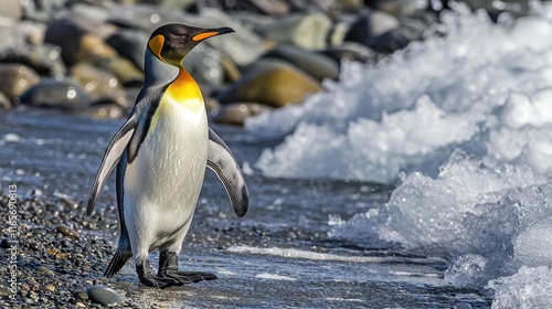 Penguin Walking Along Icy Shoreline