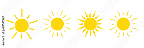 Sun vector set of four in yellow color on white background. Sun simple icons collection. Yellow sun icon set, sunshine and solar glow, sunrise or sunset. Eps 10.