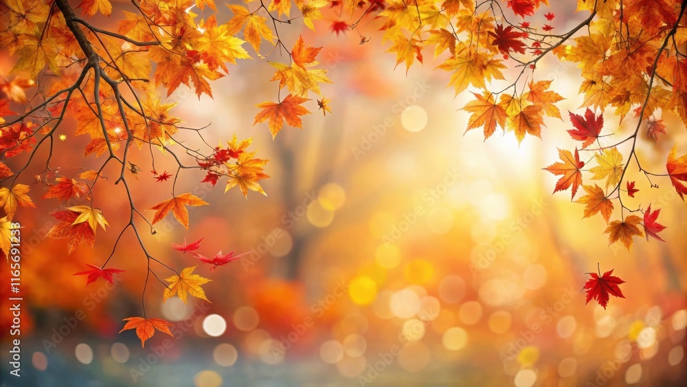 A picturesque autumn scene with branches adorned with vibrant red and yellow maple leaves, a soft focus background of warm hues, and scattered bokeh lights. A picturesque autumn scene with branches adorned with vibrant red and yellow maple leaves, a soft focus background of warm hues, and scattered bokeh lights.