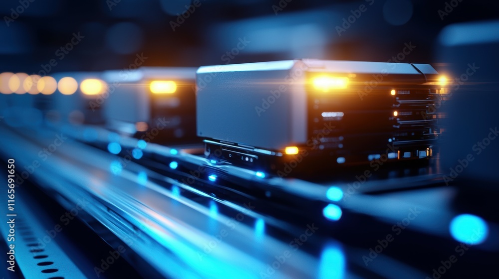Modern Data Center with Server Hardware and Blinking Lights in High-Tech Environment Modern Data Center with Server Hardware and Blinking Lights in High-Tech Environment