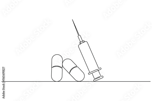 Vaccine and syringe one line drawing and medical icon continuous isolated outline flat vector icon