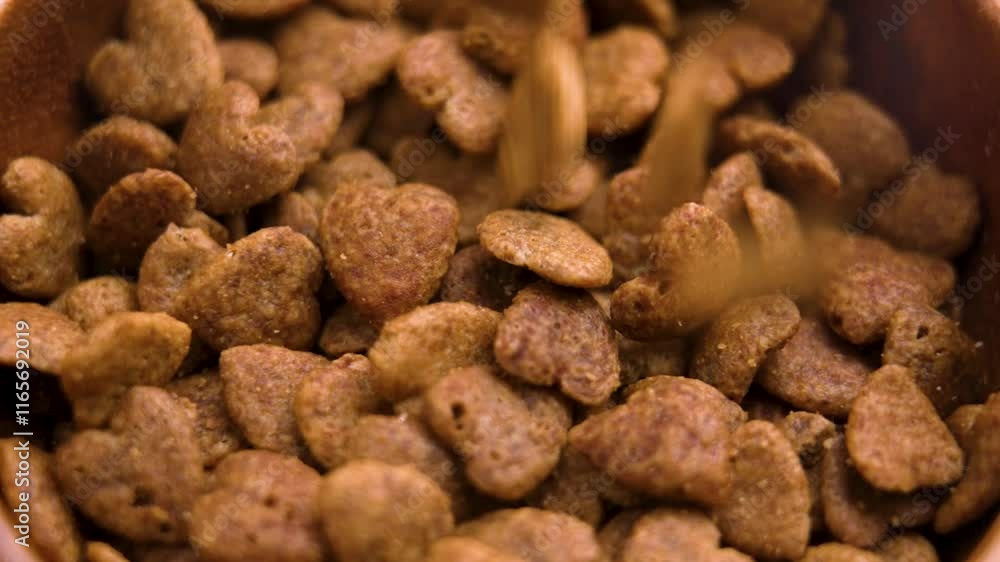Cat crispy treats in heart shapes with brown crunchy texture falling into a rustic wooden bowl. Pet food. Macro. Top view. Rotation Cat crispy treats in heart shapes with brown crunchy texture falling into a rustic wooden bowl. Pet food. Macro. Top view. Rotation