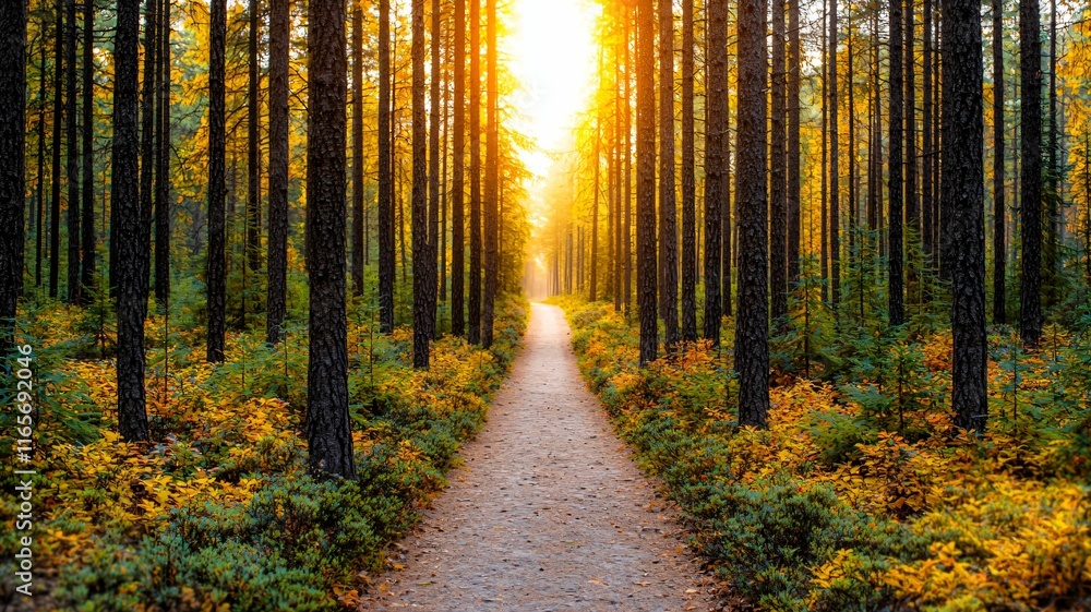 Sunlit forest path in autumn nature scene serene environment tranquil viewpoint Sunlit forest path in autumn nature scene serene environment tranquil viewpoint