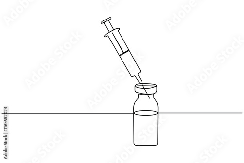 Vaccine and syringe one line drawing and medical icon continuous isolated outline flat vector icon