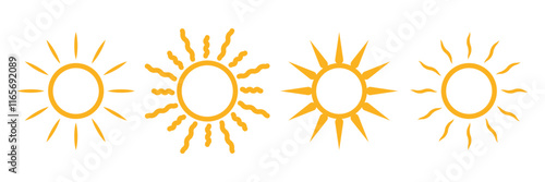 Sun vector set of four in yellow color on white background. Sun simple icons collection. Yellow sun icon set, sunshine and solar glow, sunrise or sunset. Eps 10.