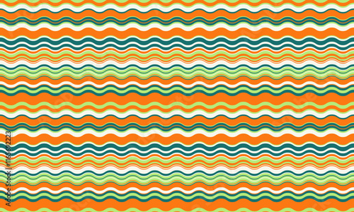 Vibrant wavy stripes pattern in teal, orange, and lime green.  Perfect for textile designs, website backgrounds, or summer-themed projects.  Seamless repeat texture offers endless possibilities