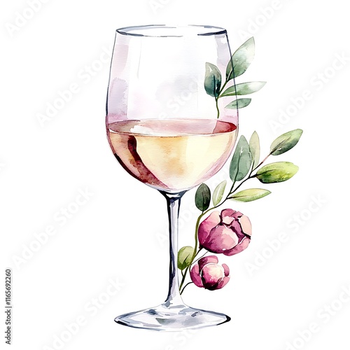 Fototapeta Naklejka Na Ścianę i Meble -  Watercolor painting of a glass of white wine adorned with delicate pink flowers and green leaves.