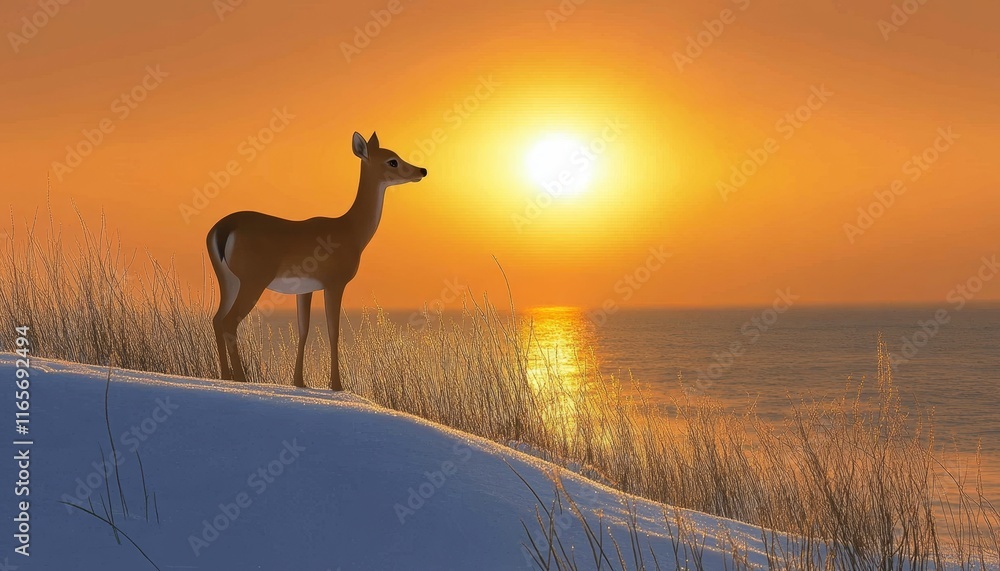 White-Tailed Deer Stands on Snowy Ridge, Gazing at Tranquil Golden Sunset over Winter Ocean White-Tailed Deer Stands on Snowy Ridge, Gazing at Tranquil Golden Sunset over Winter Ocean