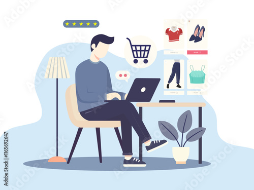 shopping online choosing goods clothes shop purchase order laptop vector illustration people web design