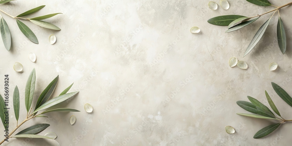 Serene arrangement of olive branches and petals on a neutral background, perfect for wellness or nature-themed design projects Serene arrangement of olive branches and petals on a neutral background, perfect for wellness or nature-themed design projects