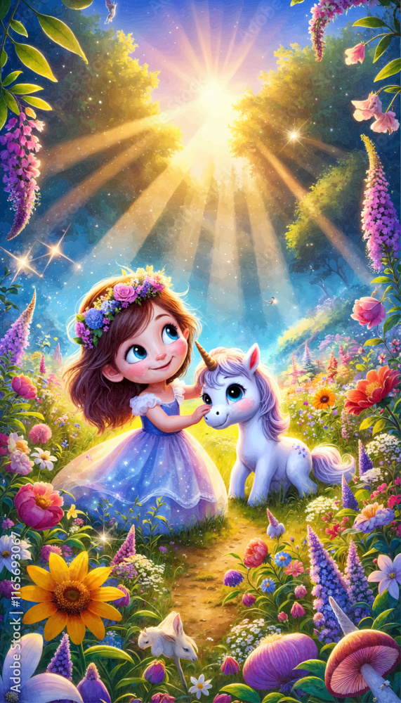 Fototapeta premium A fairytale scene of a girl caressing a small unicorn surrounded by vibrant flowers and magical glowing sunlight in a serene meadow full of whimsical charm.