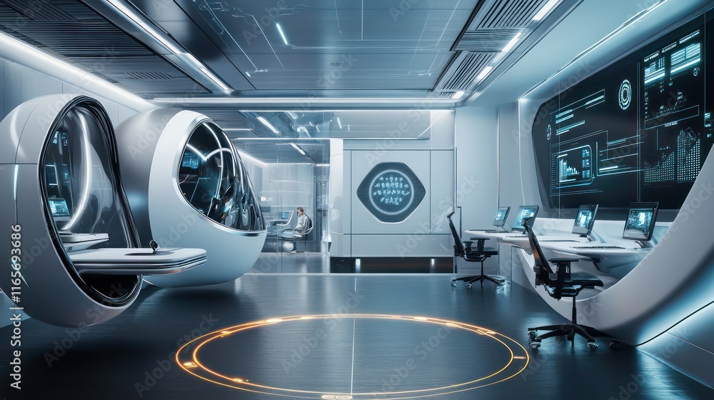 A futuristic collaborative office with levitating desks, AI-driven displays, and sleek, automated storage pods A futuristic collaborative office with levitating desks, AI-driven displays, and sleek, automated storage pods