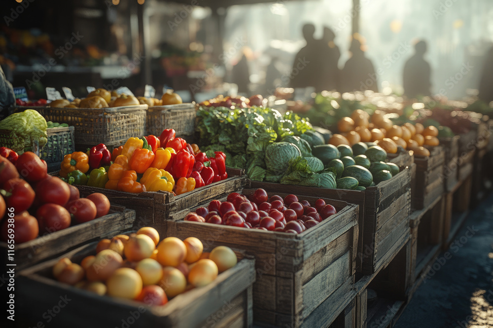 Vibrant, fresh produce displayed in rustic wooden crates at a bustling farmers market. Vibrant, fresh produce displayed in rustic wooden crates at a bustling farmers market.