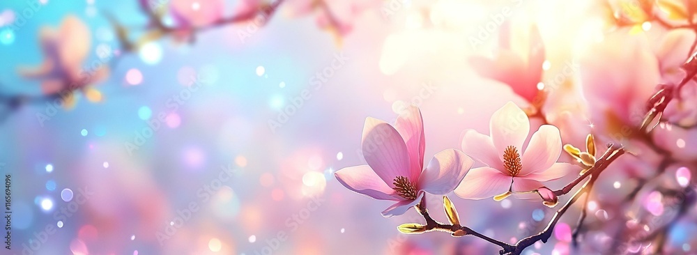 Fototapeta premium Closeup of blooming magnolia tree in spring on pastel bokeh background