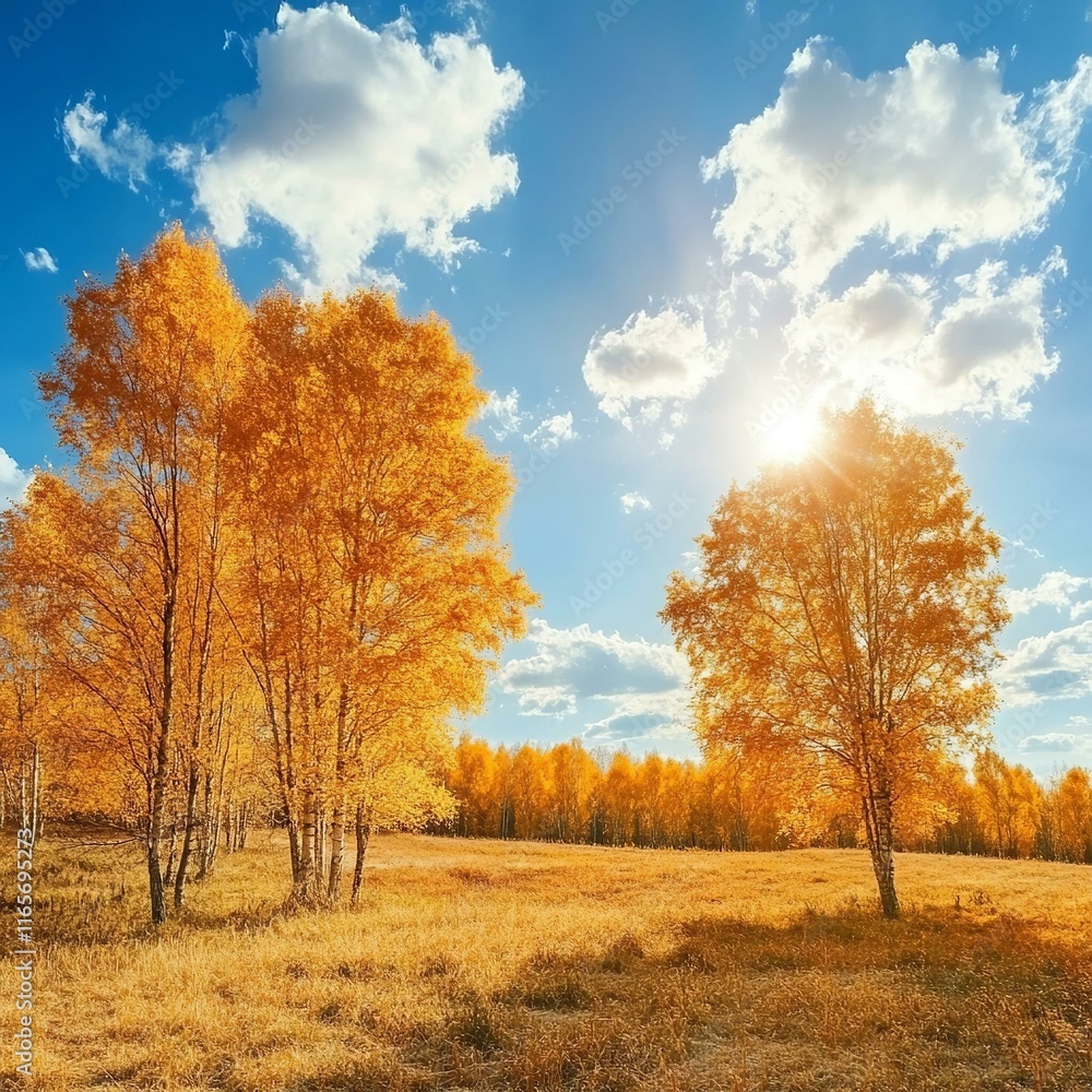 Beautiful autumn landscape with yellow trees and sun Beautiful autumn landscape with yellow trees and sun