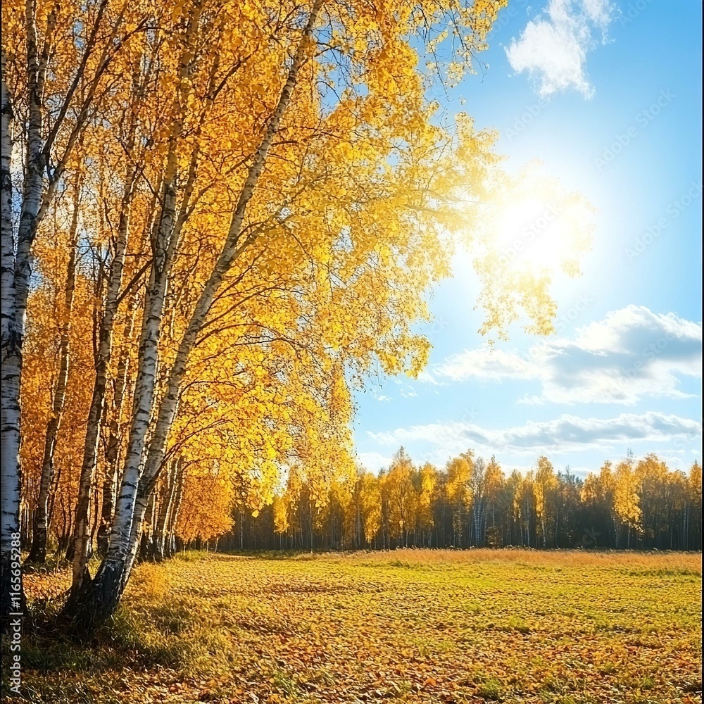 Beautiful autumn landscape with yellow trees and sun Beautiful autumn landscape with yellow trees and sun