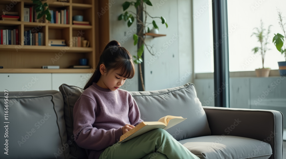 Asian young girl is sitting on a couch reading a book Asian young girl is sitting on a couch reading a book