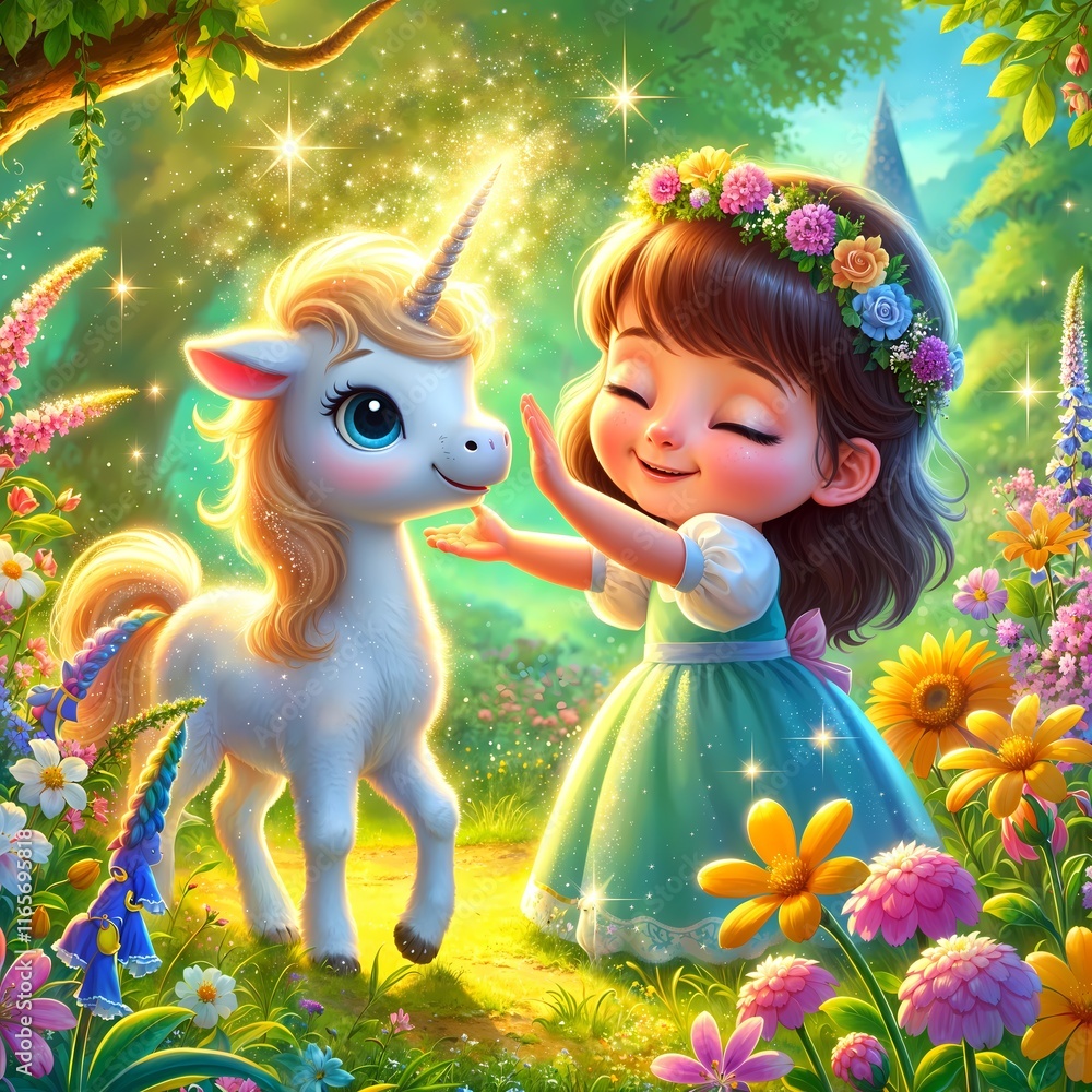 Naklejka premium An animated fairytale moment of a girl in a whimsical dress bonding with a unicorn in a vibrant forest filled with blooming flowers, glowing sunlight, and sparkling magic.