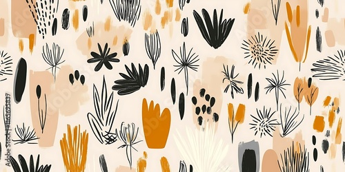 Abstract floral pattern with hand-drawn elements in orange, black and beige on cream background.