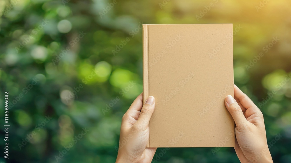 Hands holding recycled paper journal under sunny skies nature setting outdoor reflection eco-friendly concept Hands holding recycled paper journal under sunny skies nature setting outdoor reflection eco-friendly concept