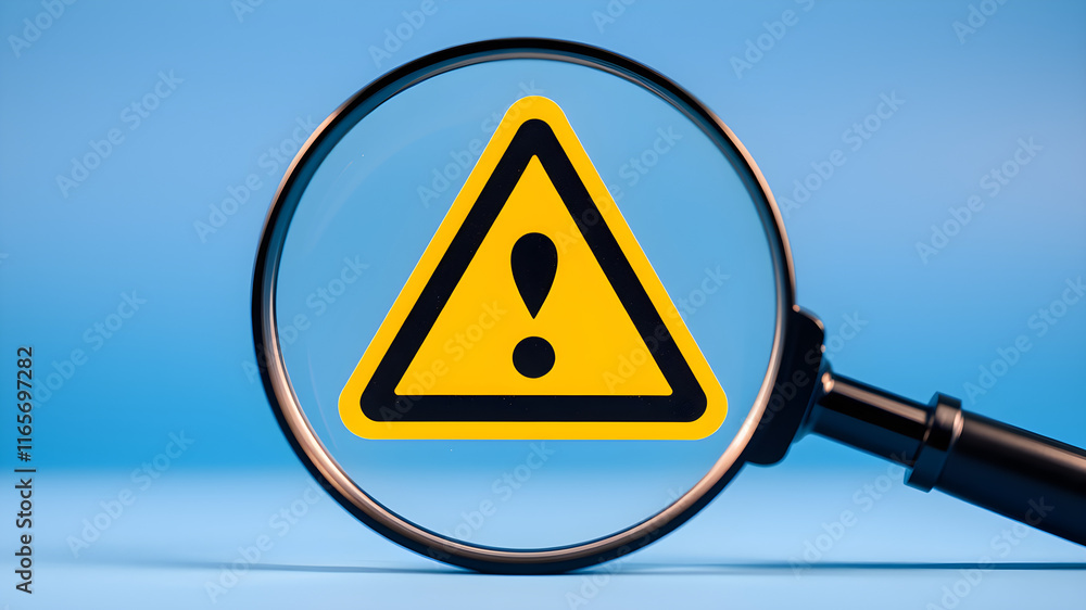 A magnifying glass focuses on a yellow warning triangle with an exclamation mark, highlighting the importance of attention to potential danger.