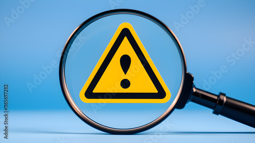 A magnifying glass focuses on a yellow warning triangle with an exclamation mark, highlighting the importance of attention to potential danger. photo