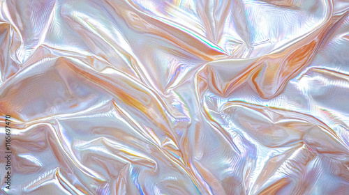 Abstract Grainy Holographic Background: Iridescent Silver Background in Soft Peach Gradient Pearl Tones - Wrinkled Holographic Rainbow Silver Satin Foil with Shimmering Pearlescent Light Reflections