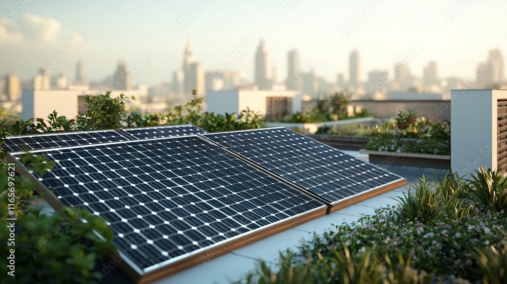 Fototapeta premium Sustainable urban development modern eco city photorealistic rooftop solar panels urban landscape green architecture
