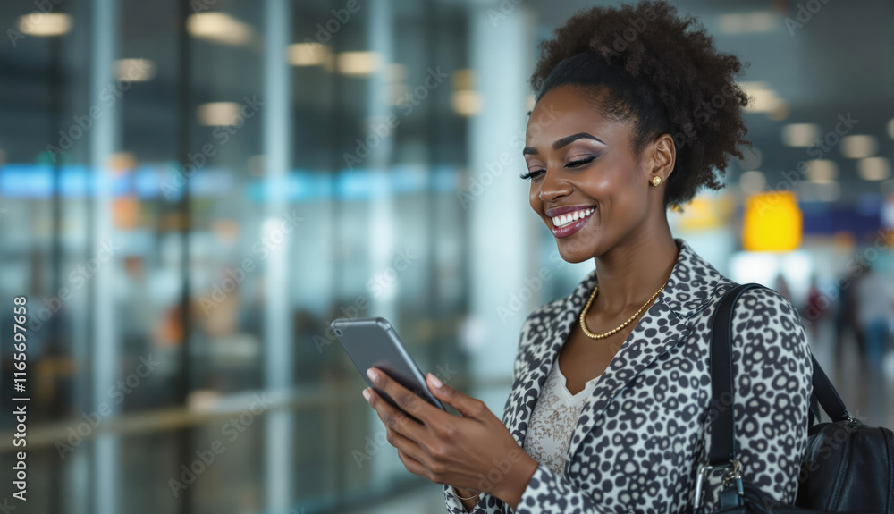 Smiling black businesswoman checks tablet in airport terminal happy and connected Smiling black businesswoman checks tablet in airport terminal happy and connected