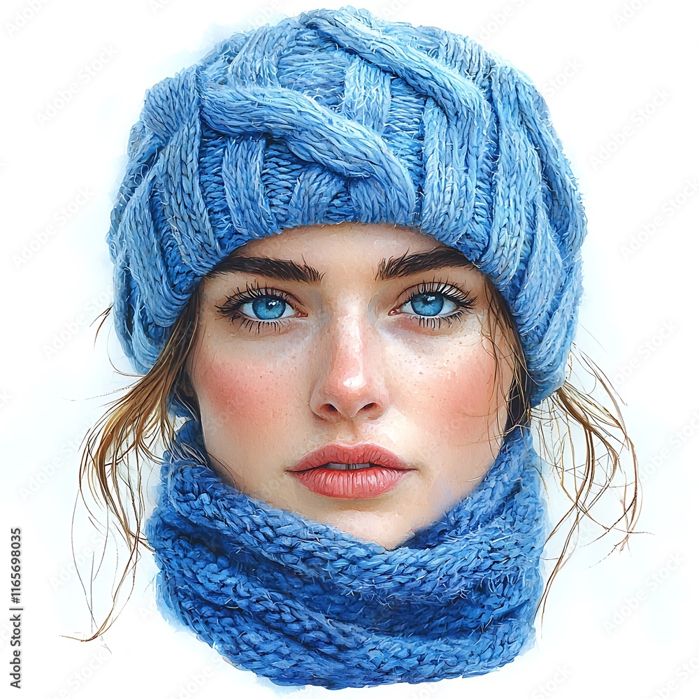 Portrait of a young woman with blue eyes wearing a chunky blue knitted hat and scarf. Portrait of a young woman with blue eyes wearing a chunky blue knitted hat and scarf.