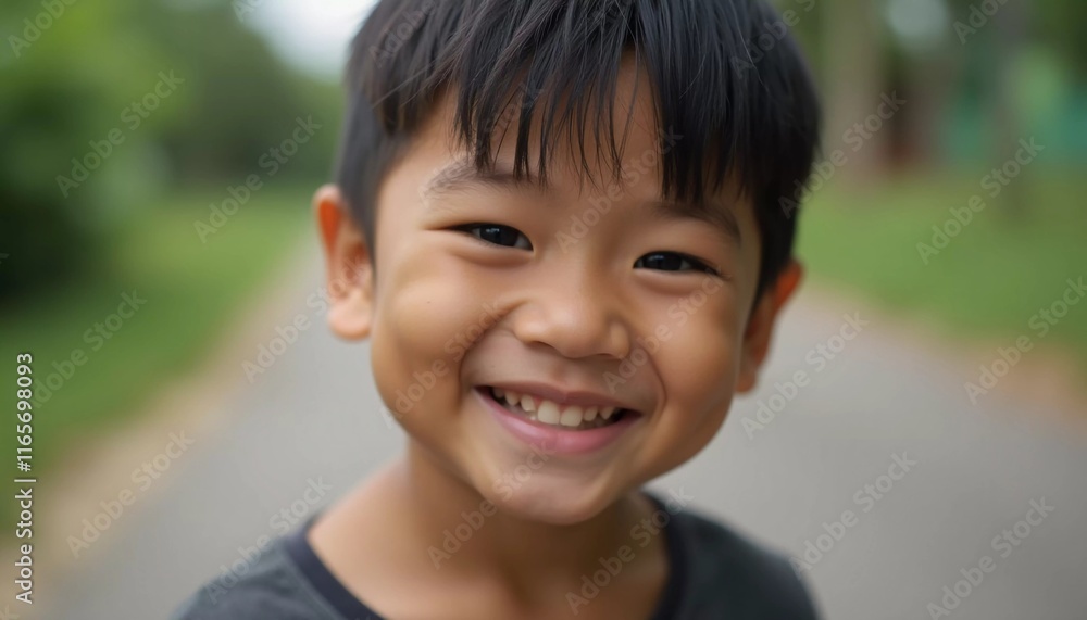 A joyful boy is smiling brightly while outside in Thailand. He appears to be around five years old and enjoys a carefree moment. The greenery around him adds to the lighthearted atmosphere. AI A joyful boy is smiling brightly while outside in Thailand. He appears to be around five years old and enjoys a carefree moment. The greenery around him adds to the lighthearted atmosphere. AI