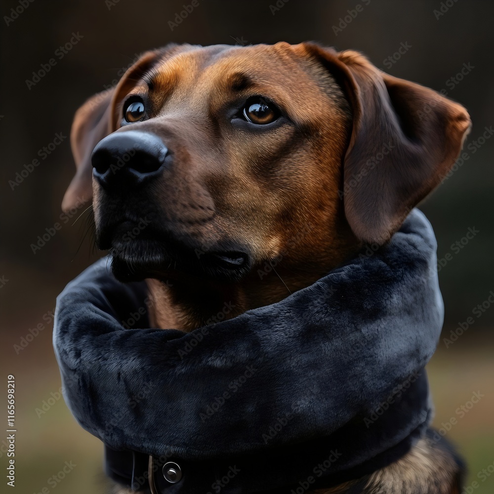 A brown dog with a black scarf around its neck A brown dog with a black scarf around its neck