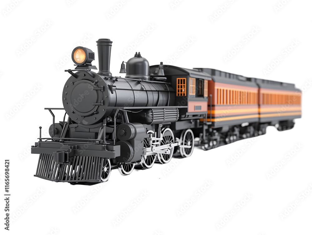 Obraz premium Isolated Black Steam Train with Passenger Cars on White Background