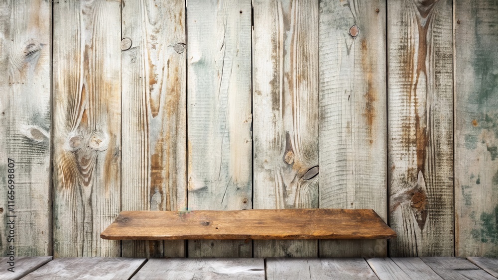 Rustic wooden shelf against a weathered plank wall background perfect for product display or showcasing items Rustic wooden shelf against a weathered plank wall background perfect for product display or showcasing items