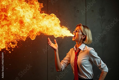 Furious Businesswoman Breathing Fire - Concept of Workplace Stress and Emotional Expression photo