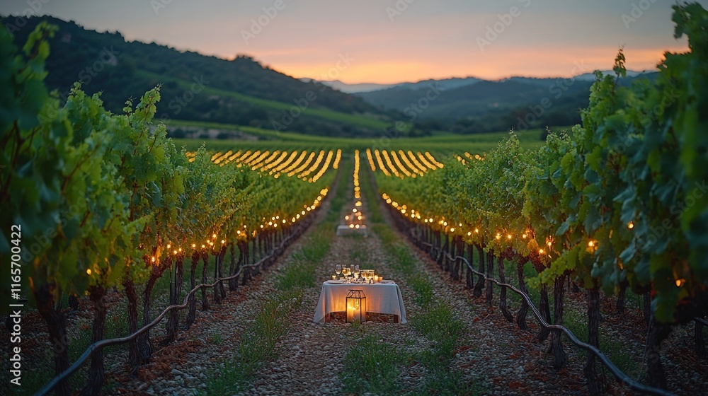 Naklejka premium Romantic vineyard dinner, sunset, lights.