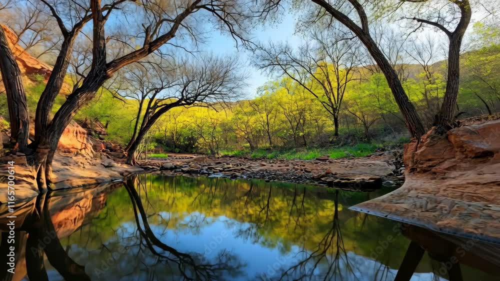 Reflections of vibrant spring foliage beside a tranquil creek at sunrise Reflections of vibrant spring foliage beside a tranquil creek at sunrise