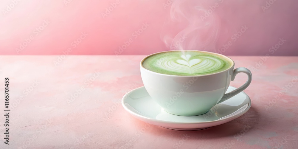 Aromatic Steaming Matcha Latte with Heart Design in a White Cup on a Pink Surface Aromatic Steaming Matcha Latte with Heart Design in a White Cup on a Pink Surface