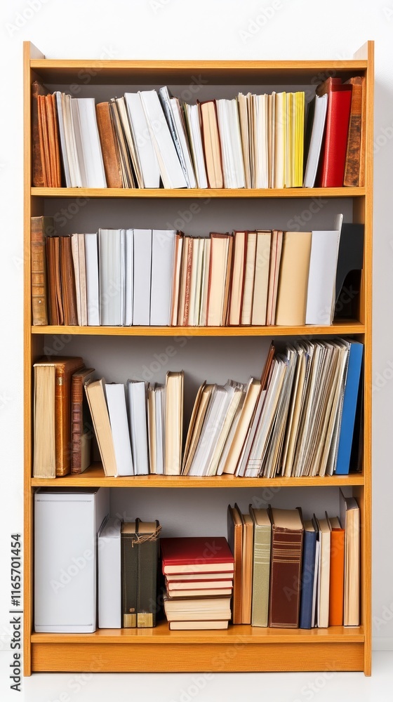 A Well-Organized Wooden Bookshelf Filled with Knowledge and Literature. A Timeless Display of Books in a Home Library A Well-Organized Wooden Bookshelf Filled with Knowledge and Literature. A Timeless Display of Books in a Home Library