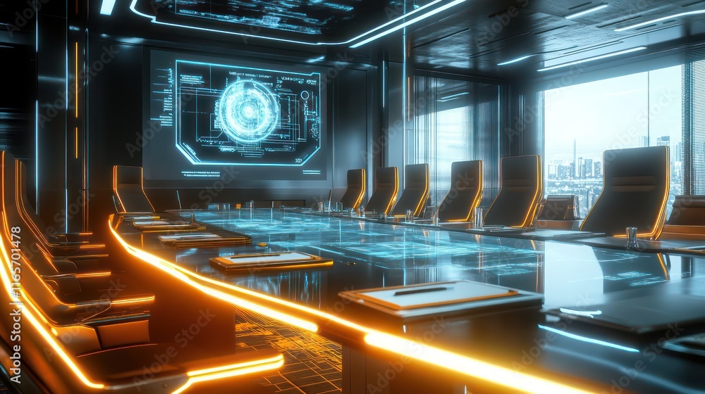 A futuristic high-end boardroom with floating chairs, glowing table edges, and a holographic interface A futuristic high-end boardroom with floating chairs, glowing table edges, and a holographic interface