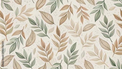 Elegant Botanical Seamless Pattern with Delicate Leaves and Branches in Muted Tones