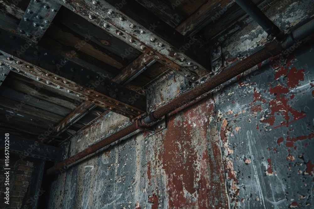 Grunge Industrial Interior With Rusty Pipes, Metal Beams, And Peeling Paint On Concrete Walls Grunge Industrial Interior With Rusty Pipes, Metal Beams, And Peeling Paint On Concrete Walls