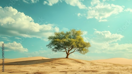 A lone tree stands in the middle of a desert