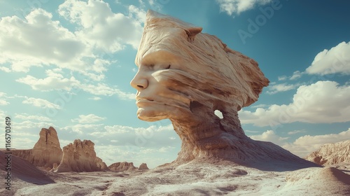 A human face is carved into a rock formation in a desert